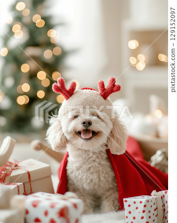 Adorable Poodle Dressed in Festive Outfit with Christmas Lights and Gifts Adorable Poodle Dressed in Festive Outfit with Christmas Lights and Gifts 129152097