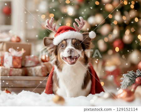 Festive dog wearing reindeer antlers amidst Christmas tree and presents, spreading holiday joy. Festive dog wearing reindeer antlers amidst Christmas tree and presents, spreading holiday joy. 129152114