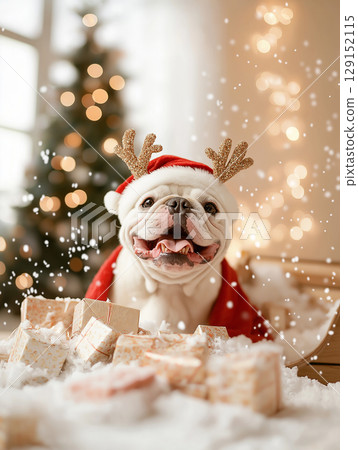 Bulldog with Santa hat and antlers, surrounded by festive Christmas gifts and snow Bulldog with Santa hat and antlers, surrounded by festive Christmas gifts and snow 129152115