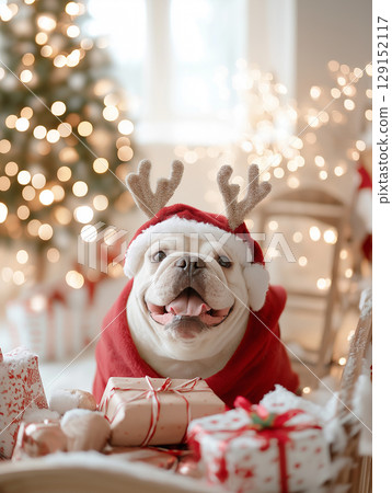 Joyful bulldog celebrates Christmas with gifts, antlers, and festive lights for a cheerful holiday Joyful bulldog celebrates Christmas with gifts, antlers, and festive lights for a cheerful holiday 129152117