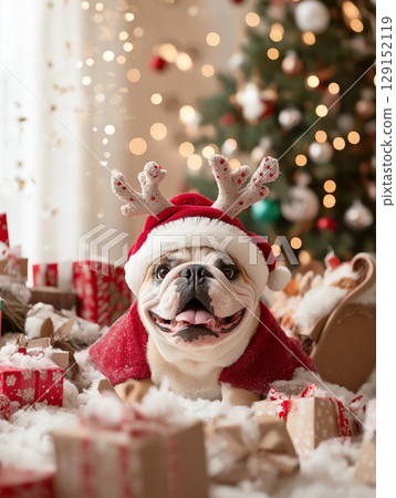 Bulldog dressed as Santa with reindeer antlers surrounded by Christmas gifts and decorations Bulldog dressed as Santa with reindeer antlers surrounded by Christmas gifts and decorations 129152119