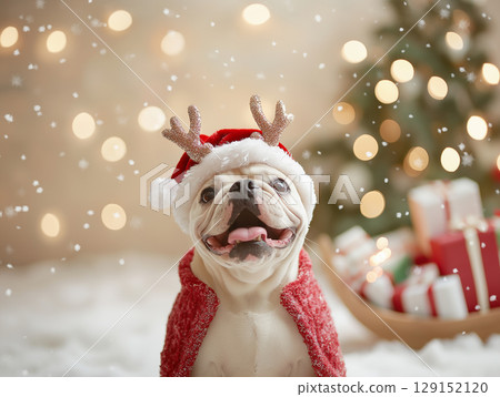 Bulldog dog wearing Santa hat and coat in a cute festive Christmas winter holiday scene Bulldog dog wearing Santa hat and coat in a cute festive Christmas winter holiday scene 129152120