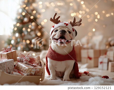 Adorable bulldog puppy with antlers and presents, celebrating Christmas with festive decorations Adorable bulldog puppy with antlers and presents, celebrating Christmas with festive decorations 129152121