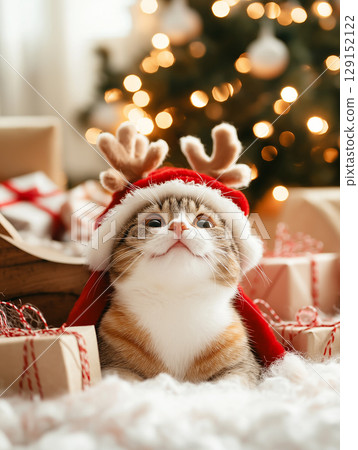 Adorable British Shorthair cat with antlers enjoying Christmas holiday decorations and gifts Adorable British Shorthair cat with antlers enjoying Christmas holiday decorations and gifts 129152122