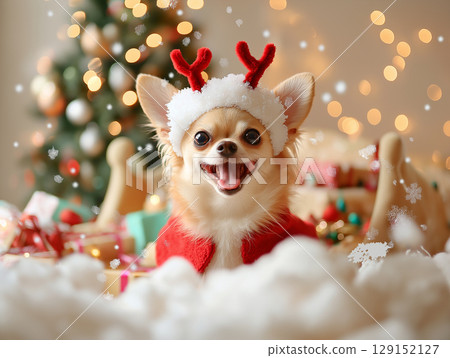 Chihuahua dog in festive Christmas costume spreading joy and cheer during holiday celebration Chihuahua dog in festive Christmas costume spreading joy and cheer during holiday celebration 129152127