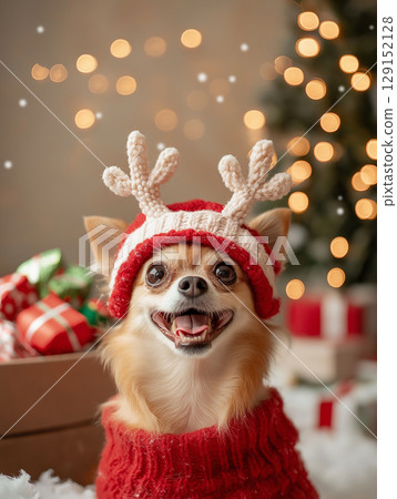 Chihuahua in festive Christmas attire with cute dog smiling amid holiday decorations Chihuahua in festive Christmas attire with cute dog smiling amid holiday decorations 129152128