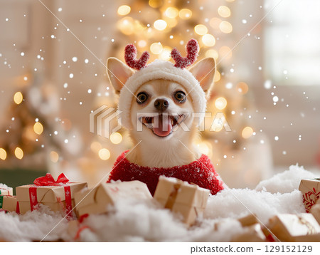 Joyful Chihuahua dog enjoying festive Christmas with decorations and cute presents indoors Joyful Chihuahua dog enjoying festive Christmas with decorations and cute presents indoors 129152129