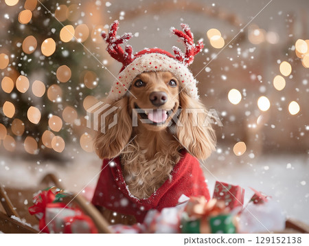 Joyful cocker dog in a festive Christmas scene with snow, gifts, and reindeer antlers Joyful cocker dog in a festive Christmas scene with snow, gifts, and reindeer antlers 129152138