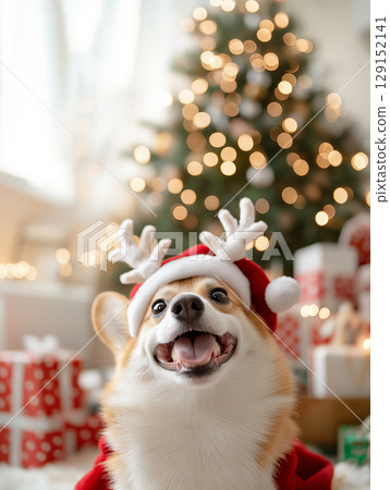 Corgi enjoying Christmas dog holiday with festive lights and cheerful tree celebration fun atmosphere 129152141