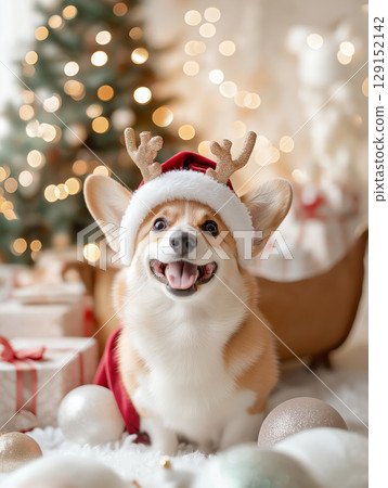 Adorable corgi puppy with antlers enjoying a festive Christmas holiday with lights and gifts 129152142