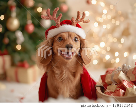 Dachshund dog wearing antlers festive scene with Christmas tree and gifts, smiling happily 129152148