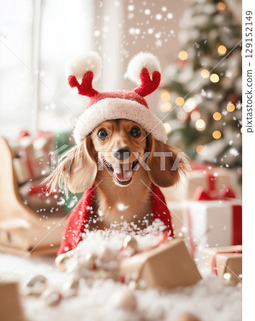 Cute Dachshund puppy in Christmas hat and antlers enjoying festive holiday snow 129152149