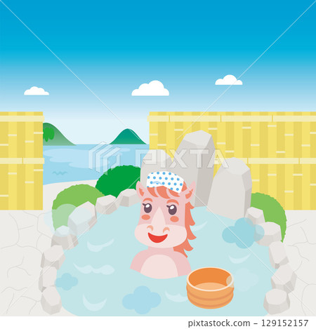 一匹馬在露天浴池裡泡澡，欣賞海景 129152157