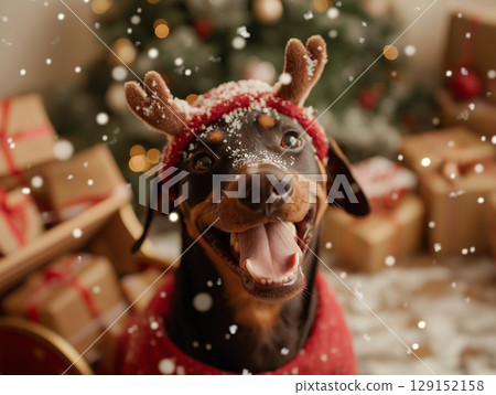 Adorable Doberman Dog in Christmas Antlers with Festive Gifts and Snowy Background Adorable Doberman Dog in Christmas Antlers with Festive Gifts and Snowy Background 129152158