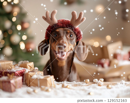 Dachshund dog enjoying Christmas with snow, holiday presents, and festive decorations Dachshund dog enjoying Christmas with snow, holiday presents, and festive decorations 129152163