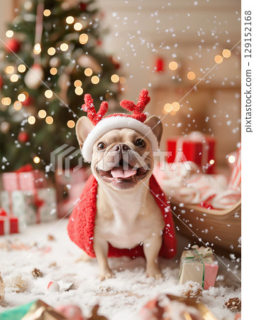 French dog bulldog Christmas holiday celebration cute festive pet small adorable canine indoors French dog bulldog Christmas holiday celebration cute festive pet small adorable canine indoors 129152168