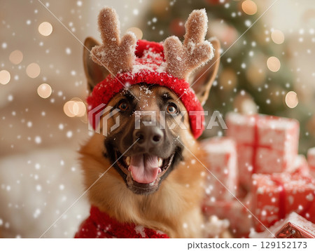 Joyful German Shepherd Dog Enjoys Festive Christmas with Snow, Presents, and Reindeer Antlers Joyful German Shepherd Dog Enjoys Festive Christmas with Snow, Presents, and Reindeer Antlers 129152173