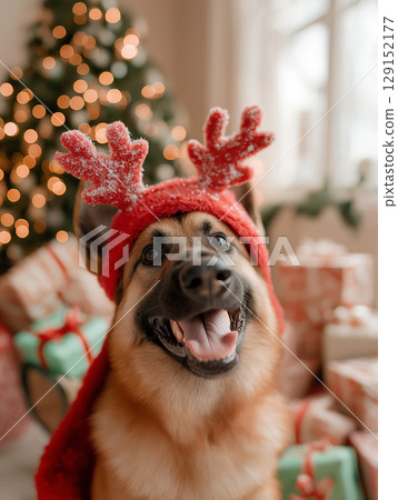Festive German Shepherd dog with reindeer hat, lights, and gifts in a joyful Christmas setting Festive German Shepherd dog with reindeer hat, lights, and gifts in a joyful Christmas setting 129152177