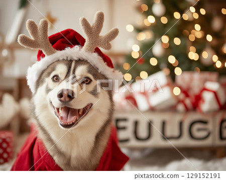 Siberian Husky dog with Santa hat and antlers celebrating Christmas with presents 129152191