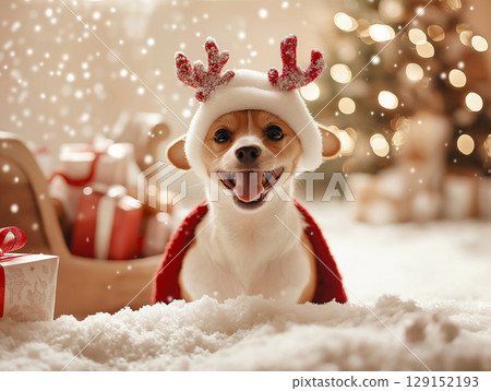 dog enjoying Christmas snow, happy and festive winter holiday pet with Santa hat dog enjoying Christmas snow, happy and festive winter holiday pet with Santa hat 129152193