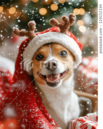 Beagle dog with antlers and Santa hat celebrates Christmas with a festive, joyful smile Beagle dog with antlers and Santa hat celebrates Christmas with a festive, joyful smile 129152194