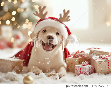 Adorable Labrador puppy with antlers among Christmas gifts in a snowy winter holiday setting Adorable Labrador puppy with antlers among Christmas gifts in a snowy winter holiday setting 129152203