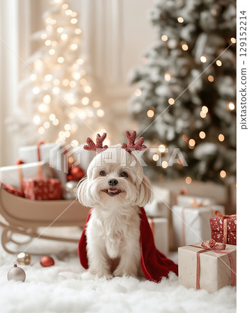 Maltese dog in festive Christmas setting with gifts and holiday decor, perfect for seasonal joy 129152214