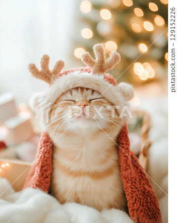 Festive Scottish Fold kitten with reindeer hat enjoying a cozy Christmas celebration Festive Scottish Fold kitten with reindeer hat enjoying a cozy Christmas celebration 129152226