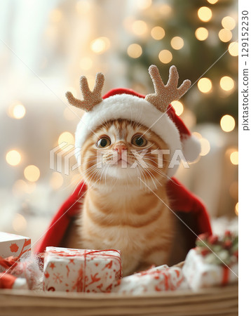 Cute tabby kitten with reindeer antlers during Christmas surrounded by festive gifts and lights Cute tabby kitten with reindeer antlers during Christmas surrounded by festive gifts and lights 129152230