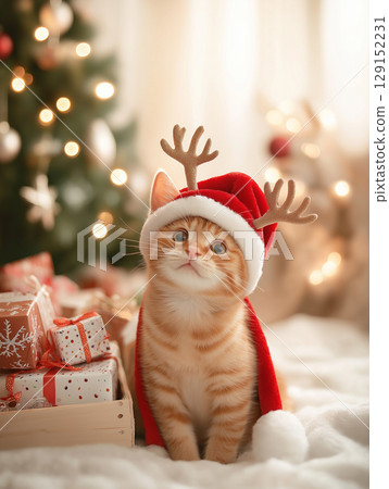 Adorable kitten in Santa hat celebrating Christmas with festive gifts and tree Adorable kitten in Santa hat celebrating Christmas with festive gifts and tree 129152231