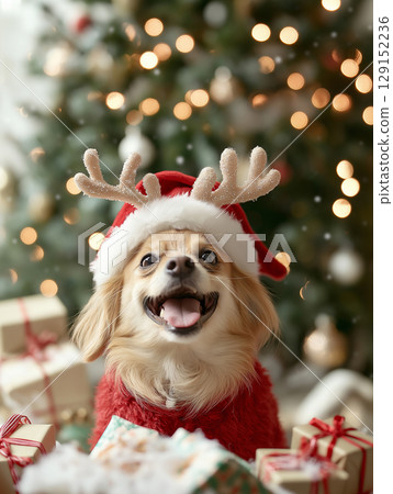 Joyful dog in Festive Christmas Setting With Presents and Bokeh Lights Joyful dog in Festive Christmas Setting With Presents and Bokeh Lights 129152236
