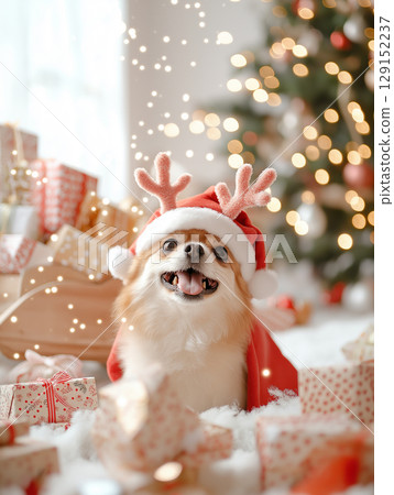 dog enjoying Christmas holiday, surrounded by cute gifts and festive decorations 129152237