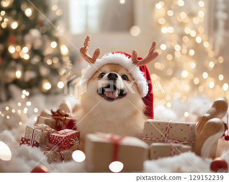Festive Shiba dog enjoying Christmas with Santa hat and holiday gifts under sparkling lights 129152239
