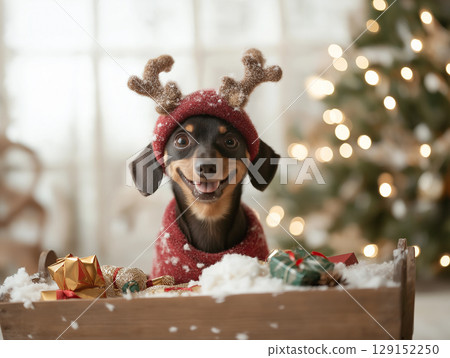 Joyful Chihuahua Dog in Festive Attire Amidst Christmas Decorations and Snowy Scene 129152250