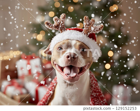 Adorable American Pit Bull Terrier Dressed as Santa for Festive Christmas Celebration 129152253