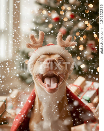 Beagle dog with Christmas Santa hat enjoying a happy festive moment with snow and gifts 129152256