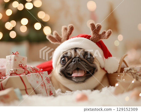 Pug dog wearing Santa hat and reindeer antlers surrounded by Christmas gifts 129152309