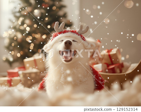Joyful Samoyed dog enjoying Christmas with presents, festive snow, and a fluffy reindeer hat Joyful Samoyed dog enjoying Christmas with presents, festive snow, and a fluffy reindeer hat 129152314