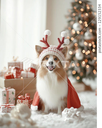 Festive Corgi Dog in Christmas Hat and Coat with Holiday Gifts and Lights 129152334