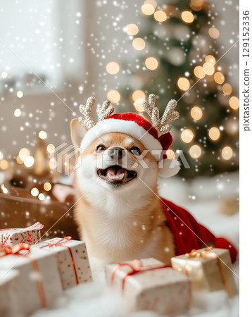 Cute Corgi in Santa costume with gifts captures Christmas joy and holiday cheer 129152336