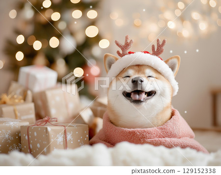 Adorable Shiba Inu Wrapped in Blanket Next to Christmas Gifts and Festive Lights Adorable Shiba Inu Wrapped in Blanket Next to Christmas Gifts and Festive Lights 129152338