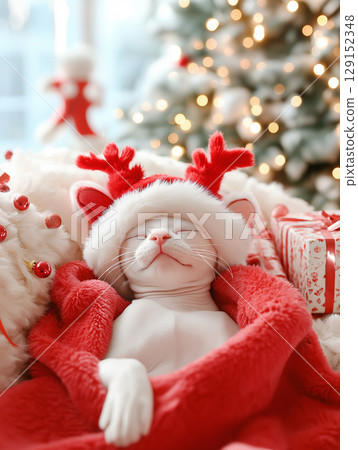 Sphynx cat enjoying a Christmas nap surrounded by festive decorations and cozy blankets Sphynx cat enjoying a Christmas nap surrounded by festive decorations and cozy blankets 129152348