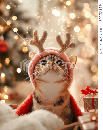 Cute tabby kitten in festive hat with antlers enjoying Christmas lights and cozy atmosphere Cute tabby kitten in festive hat with antlers enjoying Christmas lights and cozy atmosphere 129152359