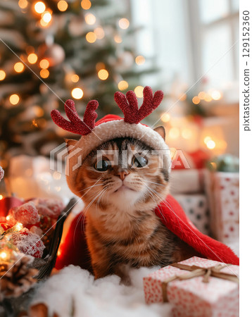 Adorable kitten with Santa hat and Christmas lights during festive winter holiday celebration Adorable kitten with Santa hat and Christmas lights during festive winter holiday celebration 129152360