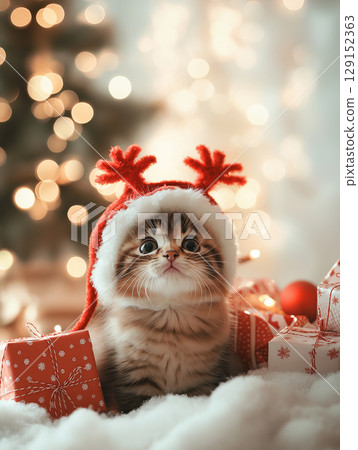 Cute Maine Coon kitten with festive hat among Christmas lights and gifts, creating a holiday charm. 129152363