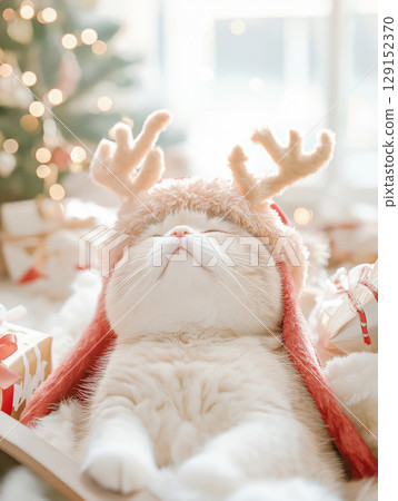 Scottish Fold cat enjoying Christmas, looking adorable and festive, surrounded by holiday decor Scottish Fold cat enjoying Christmas, looking adorable and festive, surrounded by holiday decor 129152370