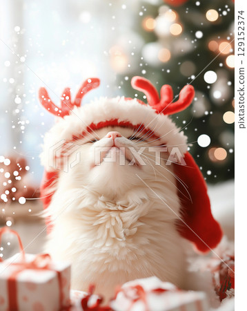 Festive Ragdoll cat in Santa hat with Christmas gifts, snow, and tree in cozy winter holiday scene 129152374
