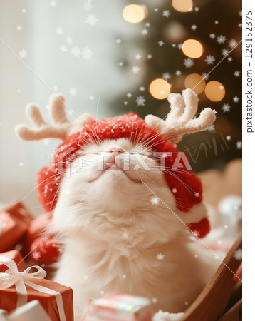 Adorable fluffy cat with antlers in a festive holiday scene, surrounded by christmas gifts and snowflakes. Adorable fluffy cat with antlers in a festive holiday scene, surrounded by christmas gifts and snowflakes. 129152375