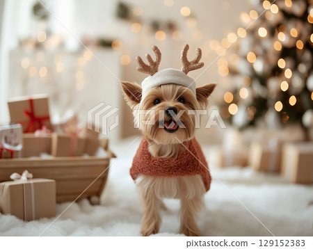 Yorkshire terrier dog with holiday decor and presents, celebrating a cute and festive Christmas 129152383