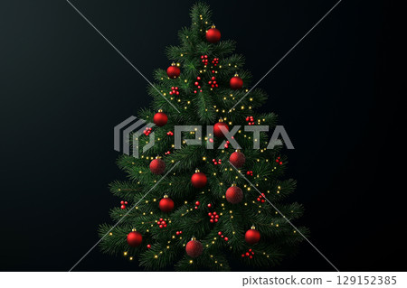 Christmas tree decorated with festive lights and holiday ornaments, featuring red and green hues Christmas tree decorated with festive lights and holiday ornaments, featuring red and green hues 129152385